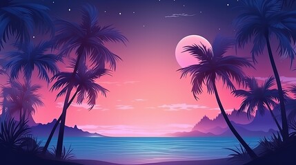 A serene tropical sunset with palm trees and the vast ocean in the background creates a picturesque view. purple and orange nature on the beach