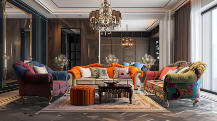 Chic interior design featuring vibrant and elegant furniture, adding character to the living room