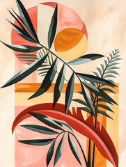 Abstract Tropical Sunset Illustration with Palm Leaves