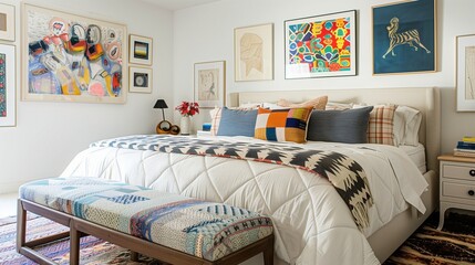 A chic bedroom with a quilted bench at the foot of the bed and a gallery wall of modern art