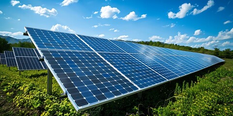Solar panels on a green meadow and blue sky with white clouds