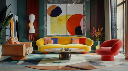 Chic living room adorned with vibrant and stylish furniture pieces, showcasing contemporary design