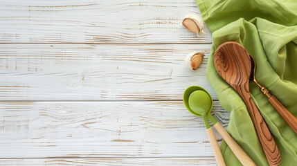 White wooden table background covered with green tablecloth and cooking utensils.