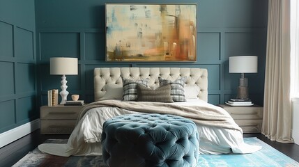 A chic bedroom with a velvet ottoman and a modernist painting
