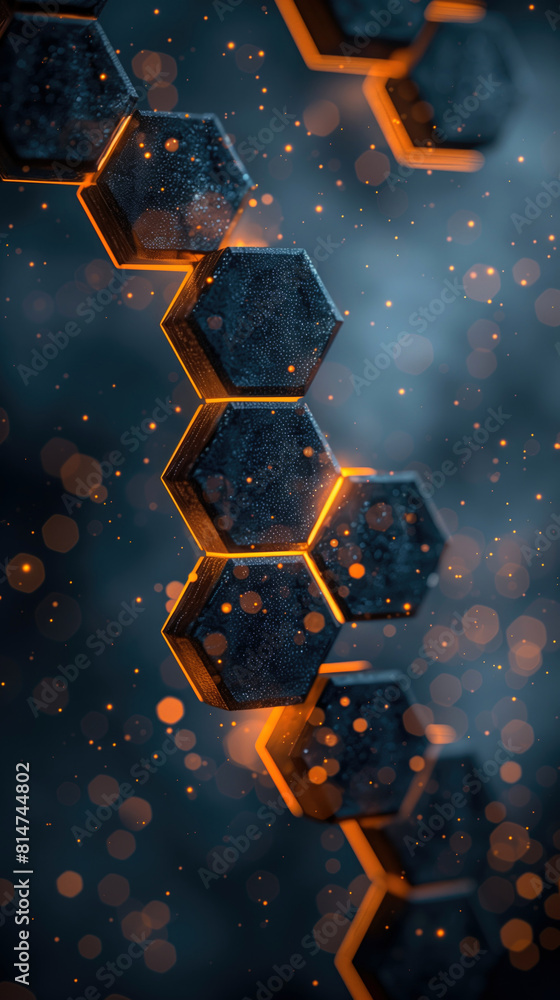 Poster futuristic hexagonal structure with glowing orange edges.
