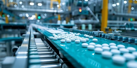 Obraz premium Production line of the pharmaceutical industry. Conveyor belt with pills