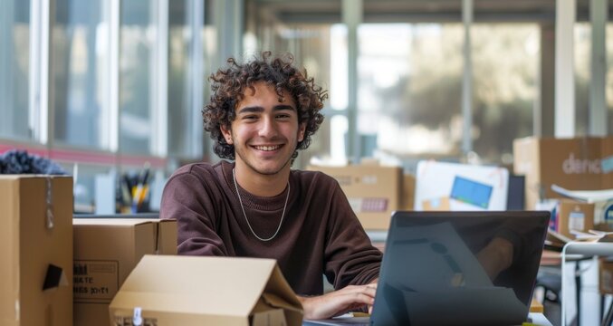 Online business. Young man business owner about online business. Successful and happy with the business