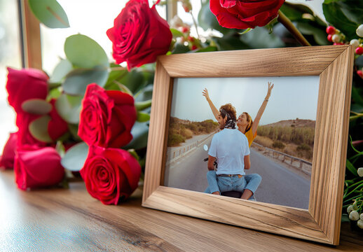 Frame Mockup With Red Roses, Generative ai