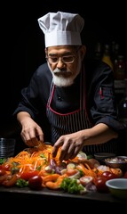 A professional chef in a dark uniform prepares assorted seafood 