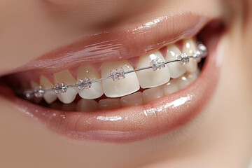 Close-up of a person's smile showcasing clean teeth fitted with modern orthodontic braces in a dental clinic setting