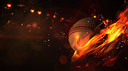 A photorealistic depiction of a cricket ball engulfed in flames, captured in action on a pitch illuminated by floodlights with a black background, emphasizing dynamic movement.