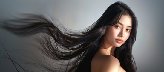 A beautiful Asian woman showcasing long, smooth, and shiny black hair, advertising hair dye products, hair care, solid color background, copy space