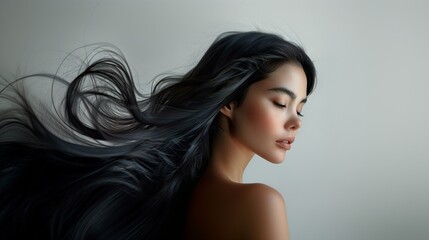A beautiful Asian woman showcasing long, smooth, and shiny black hair, advertising hair dye products, hair care, solid color background, copy space.