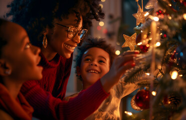 A child reaches for a star ornament while a woman looks on admiringly, illuminated by tree lights