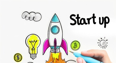 Hand drawing with rocket, light bulb and coins, word startup in the background, concept of idea, business.