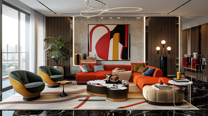 Contemporary living room furnished with sleek and colorful furniture, creating a chic ambiance