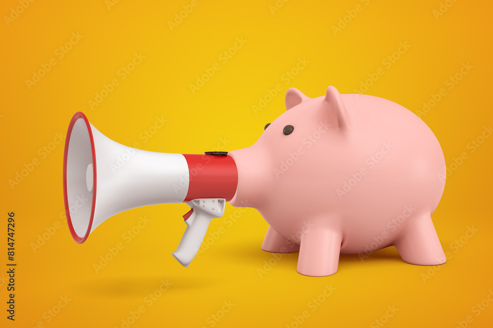 Poster 3d rendering of pink piggy bank with big megaphone instead of snout on amber background.