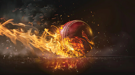 A vivid photorealistic visual of a cricket ball ablaze with fire, in action on a floodlit pitch with a black background, showcasing dynamic movement and the thrill of the game.