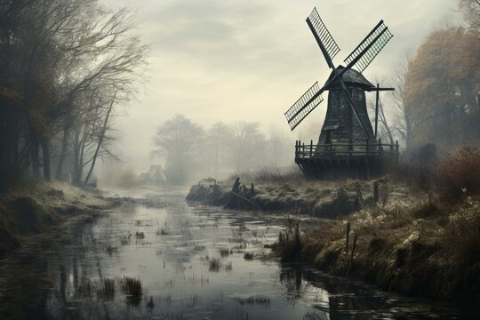 Serene landscape with a classic windmill beside a calm river, shrouded in morning mist