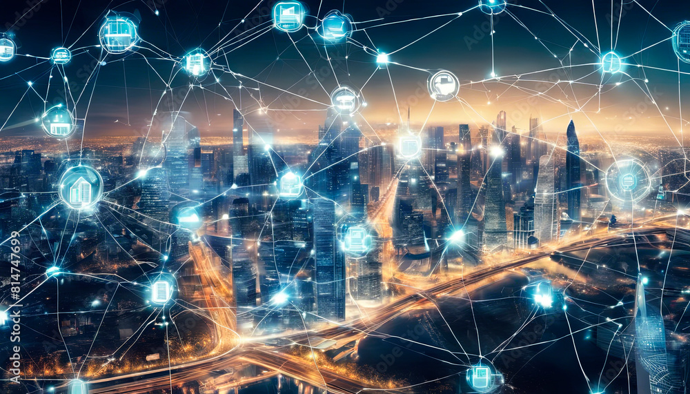 Poster smart city with connecting network and internet of.