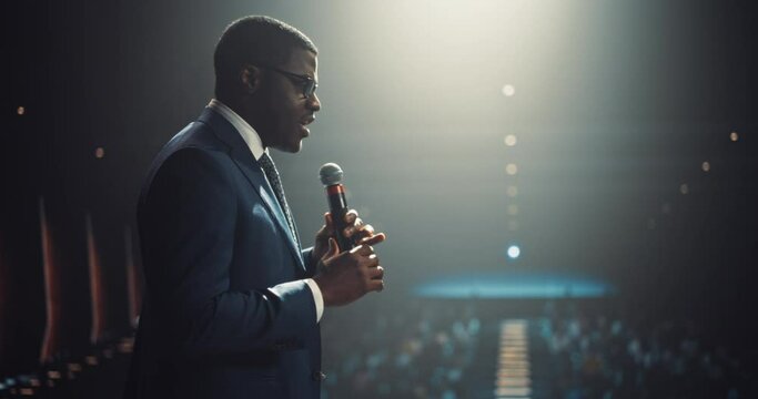 Visionary African Company CEO Delivering a Positive Earnings Report at a Shareholders Event. Public Speaker Sharing Statistics, Future Goals and Leadership Insights to the Guests in the Room