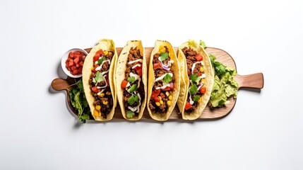 Flavorful Mexican street tacos topped with minced meat, beans, cheese, and onion. Colorful Mexican street tacos.