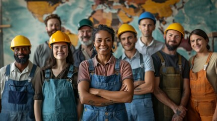 Standing shoulder to shoulder in front of a world map, a diverse group of workers from around the globe are united in solidarity