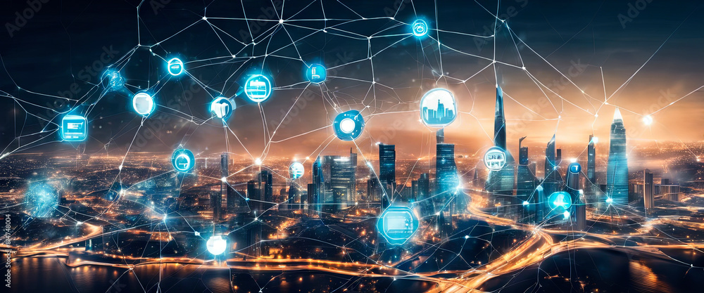 Poster smart city with connecting network and internet of.