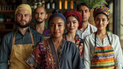 Fototapeta premium A lineup of hospitality workers in traditional attire, showcasing the global hospitality industry's diverse workforce