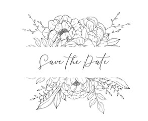 Vector flower frame with peony flowers, hand drawn wedding card design, botanical border, hand drawn line art floral illustration

