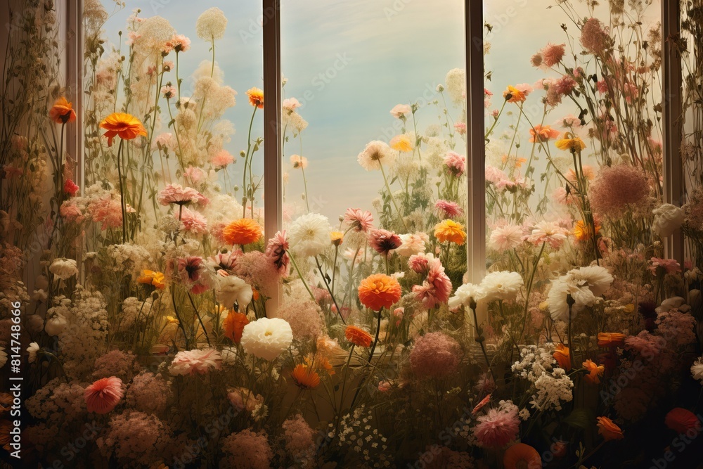 Poster warm, soft-focus view of a diverse array of delicate flowers by a window