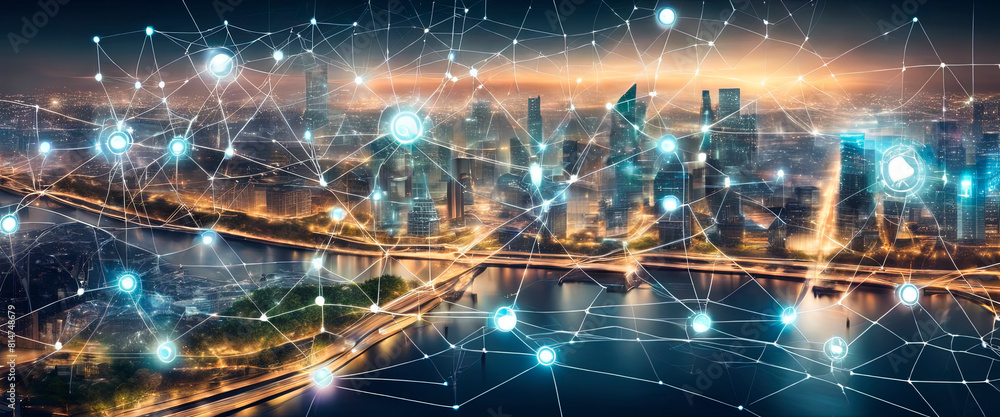 Poster smart city with connecting network and internet of.