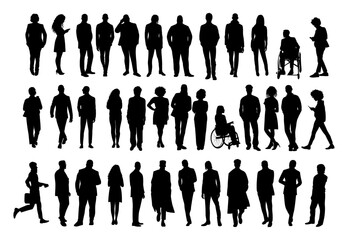 Silhouettes of diverse business people standing, walking, men, women full length, disabled persons sitting in wheelchair. Inclusive business concept. Vector illustration on transparent background.