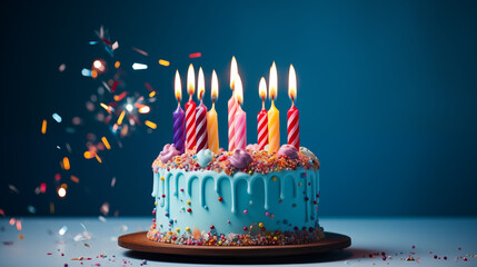 Blue Birthday cake with different colored candles on the light blue background