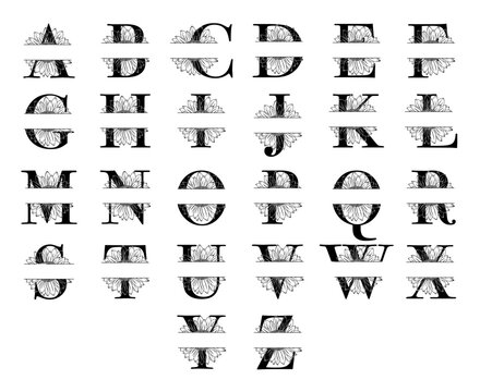 Set of vector monogram letters with sunflower, split floral letters, floral alphabet