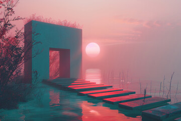 Surreal sunset by a tranquil lake with pathway and surreal architecture