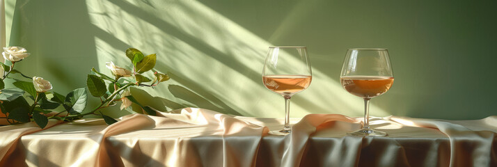 Elegant Rose Wine Glasses on Silk Tablecloth in Sunlit Room