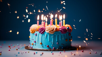 Blue Birthday cake with different colored candles on the light blue background