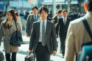 Fototapeta premium a close-up scene captures the determined expressions of professionals as they navigate their daily commute
