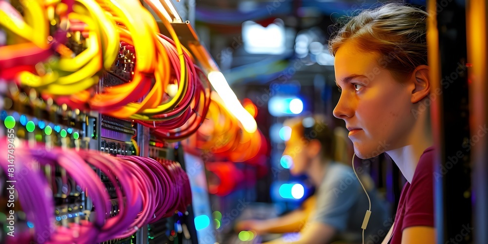 Poster two people working at a computer in a data center. concept data center, technology, work environment