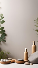 Mock-up background highlighting a natural beauty routine with organic cosmetics and skincare products arranged against a backdrop of natural elements such as plants, stones, and wood, Space for text