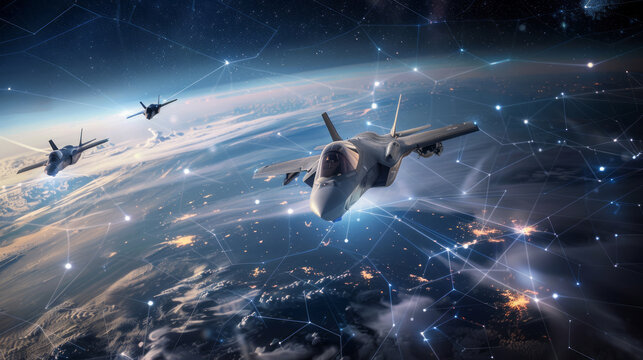 Three fighter jets soaring above Earth with digital network