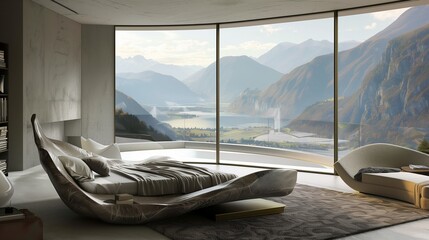 Fototapeta premium A modern bedroom with a sculptural bed frame and a panoramic view of the mountains