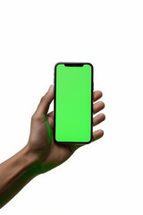 Close up shot of hand holding a smartphone with green screen, realistic skin tone, ultrafine detail