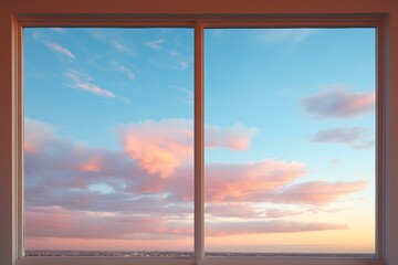 Serene sunset view with pastel skies visible through a large double-pane window