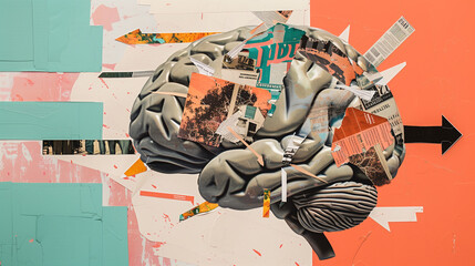 Multiple pieces forming a brain shape, collage art style, typography, magazines, arrows pointing out of the brain