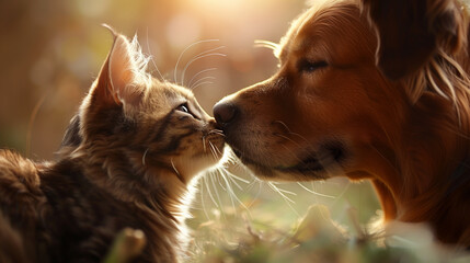 A dog and a cat share a close and gentle moment in a sunlit setting
