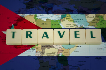 Cuba flag with travel text, travel abroad concept, new destination and journey, tourism and trip 