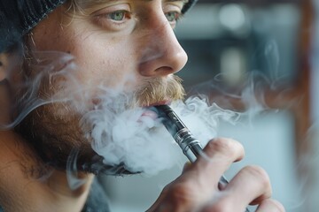 Closeup on a man smoke an electronic cigarette