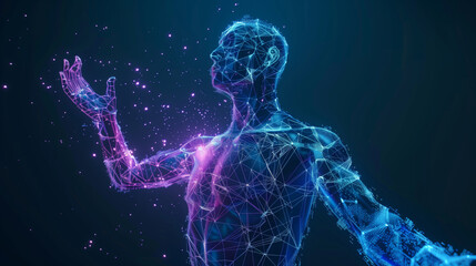 An awe-inspiring holographic human figure rendered in vivid neon colors against a starry, dark background